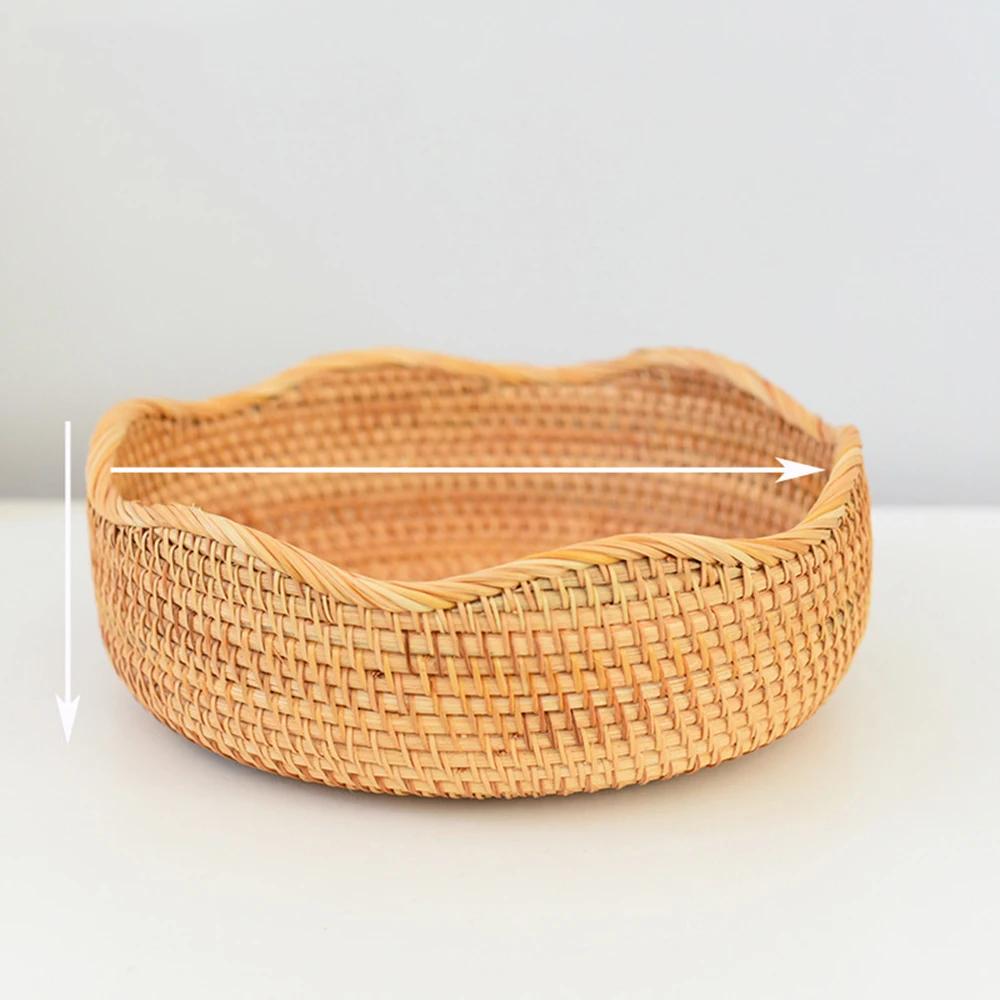 Rattan Woven Wicker Storage Tray Fruits Bread Baskets Handmade Crafts Tableware for Kitchen Countertop Decor Round Organizer