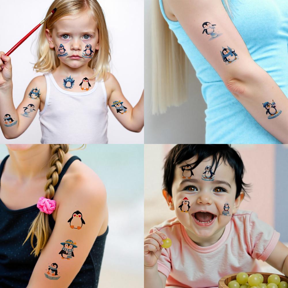 54 Stück Temporäre Tattoos Pinguin-Figuren Wasserdicht Langlebig Körperaufkleber Wintermotive Schneeflocken Cartoon Für Arme