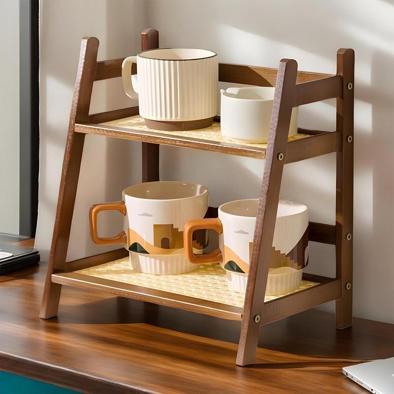 2-Tier Coffee Mug Holder Multi-functional Water Bottle Display Shelf Imitation Rattan Style Desktop Storage Rack Kitchen Home