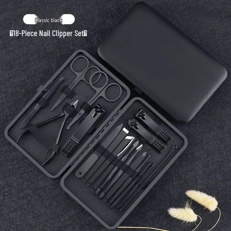 18-Piece Black Stainless Steel Nail Care Set: Clippers, Tweezers, Cuticle Nipper & Manicure Tools.
