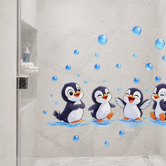 Pinguin Wandaufkleber, Niedliche 4 Glückliche Pinguine Bade-Deko, Selbstklebende Abnehmbare Wandsticker für Badezimmer, Kinderzimmer & Duschwandkunst