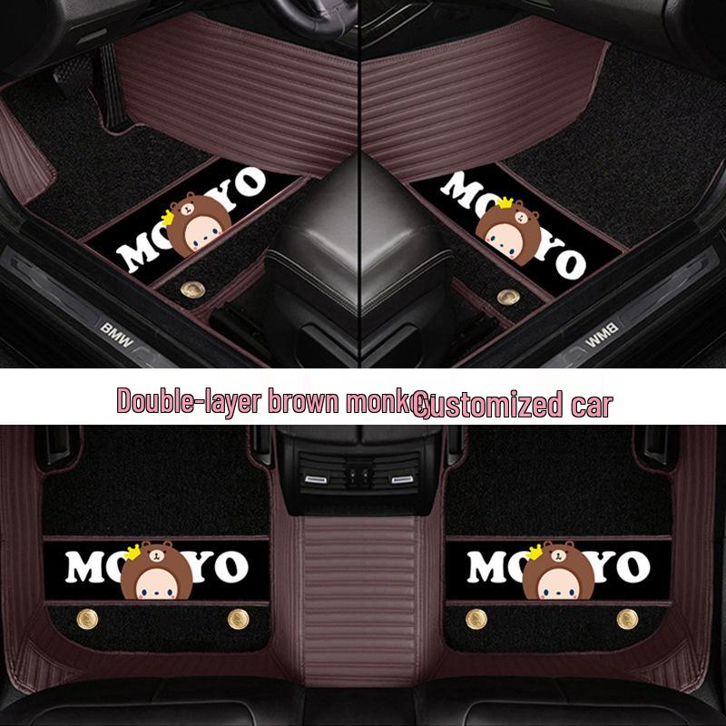 Custom Leather Car Floor Mats for Women - Cartoon Design, Double-Layer, Full Coverage
