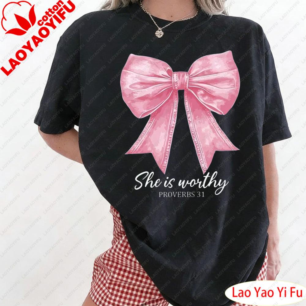 

Pink Cute and Fashionable Bow Print T Shirt Bow Lover Clothes Music Party Tops Short Sleeve Tee O Neck Graphic Print Shirt S