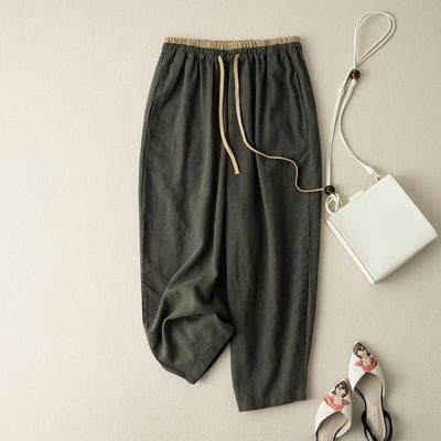 Women's Spring Summer Retro Elastic Drawstring Waist Casual Pants Cotton Linen Loose Harem Pants Basic Versatility Wide-leg Ankle-Length Pants