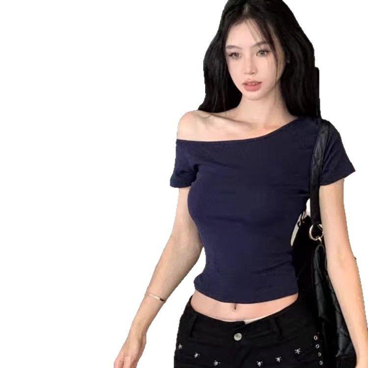 New Spice Girl Pure Desire Wind Slant Shoulder Short Sleeve T-Shirt Niche Fashion Unique Slim Skinny Top ins Women