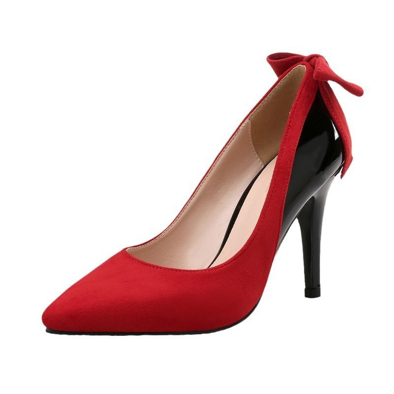 

Остроносые туфли на высоком каблуке из замши и лакированной кожи, женские туфли-лодочки с бантом 34