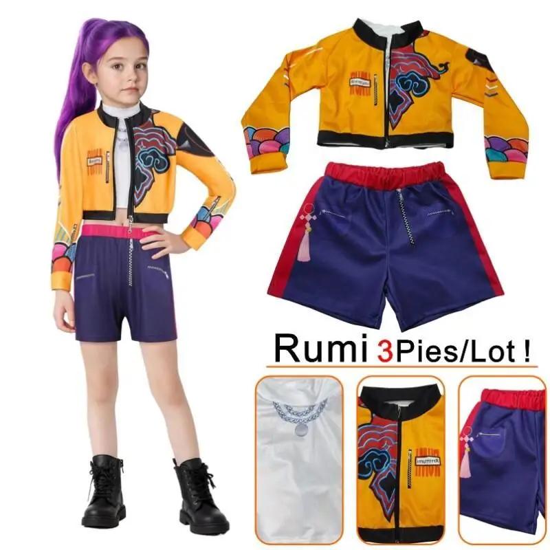 Movie Rumi Cosplay Costume for Girl Halloween Carnival Christmas Rumi Orange Jacket Vest and Shorts Three-piece Set Dress Up Kids110CM