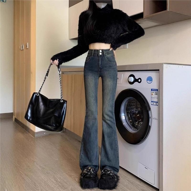 Cement Gray High-waisted Slightly Pulled Jeans Women's Autumn and Winter Velvet Thickened Slim-fitting and Thin Elastic Overhanging Horseshoe Pants