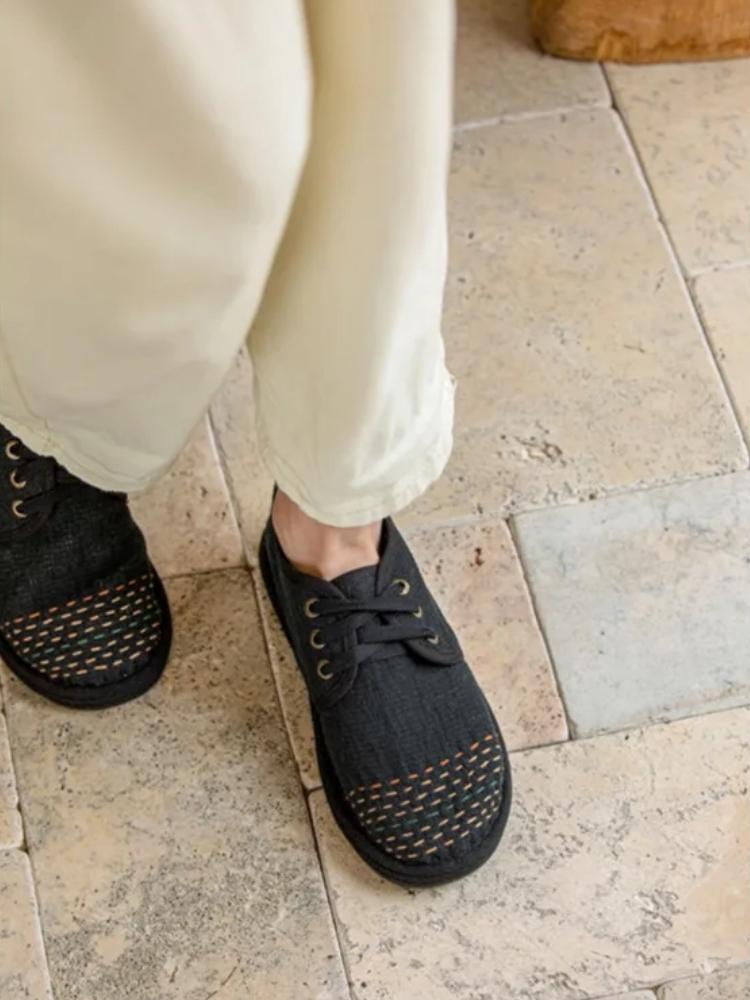 Johnature Handmade Cotton Shoes Retro Round Toe Lace Up Soft Sole Comfortable Women's Flat Shoes