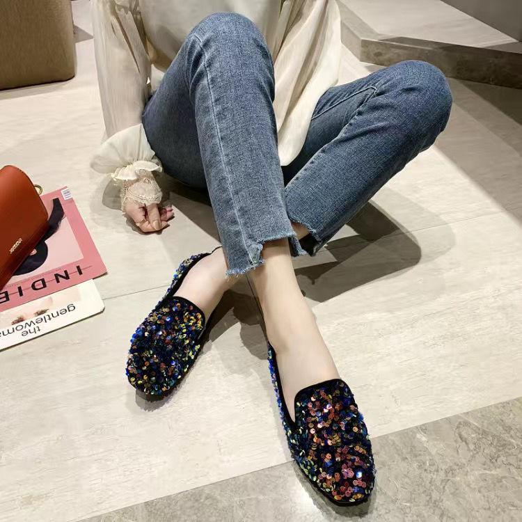 Sequins Round Toe Slip-on Women's Flat Shoes 2025 Summer Trend Social Chic and Elegant Low Price 39 Ladies Footwear Promotion