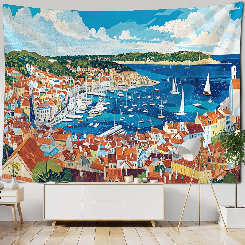 Sea View Oil Painting Printed Tapestry Wall Hanging Living Room Bedroom Wall Decoration Outdoor Picnic Bed Sheets Beach Mats