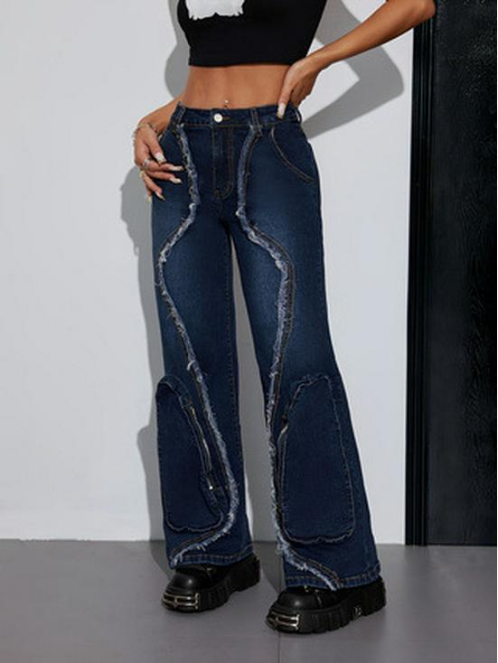 

Women s 3D Pocket High-Stretch Wide-Leg Straight Jeans - High Street Style Denim Pants M темно-синий
