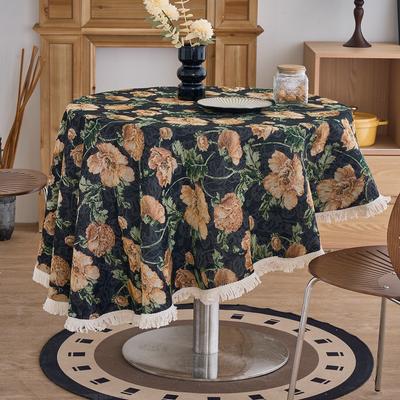 1 Stück Vintage Ölmalerei Floral Rund Quaste Jacquard Tischdecke mit Quastenrand Design, Geeignet für Sideboard