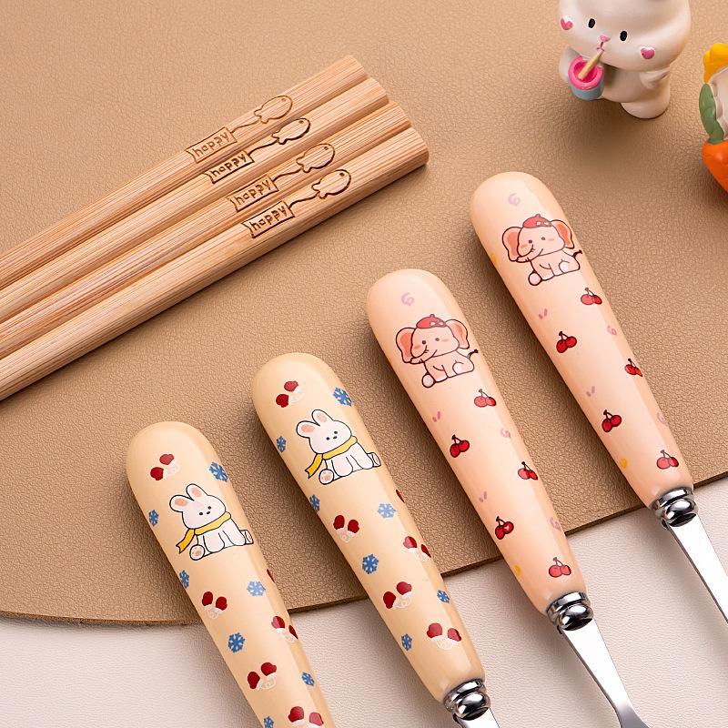 New stainless steel fork, spoon and chopsticks ceramic handle cartoon three-piece set student travel spoon chopsticks portable tableware set
