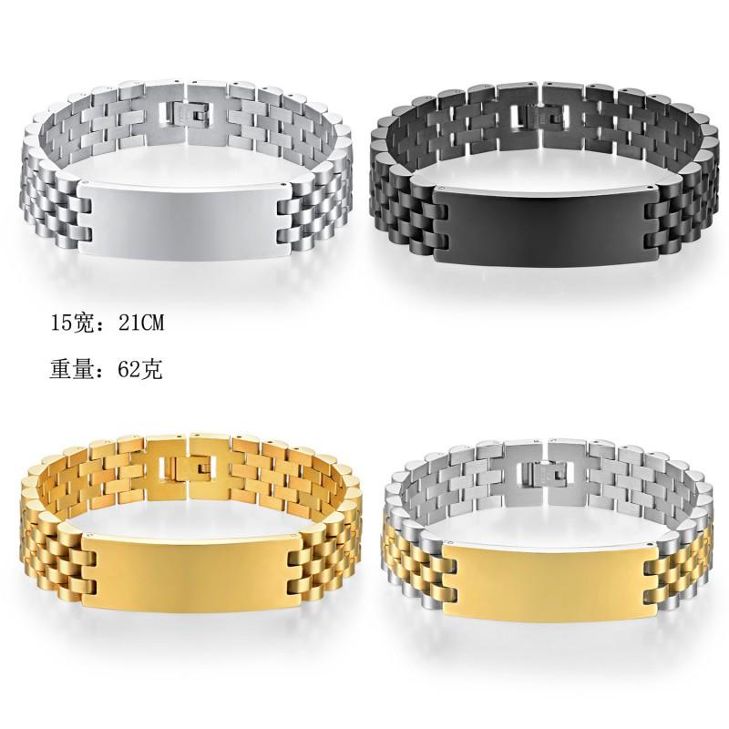 Stainless Steel Engraved Bracelet Men Adjustable 12mm Solid Geometric Curb Link Chain Jewelry
