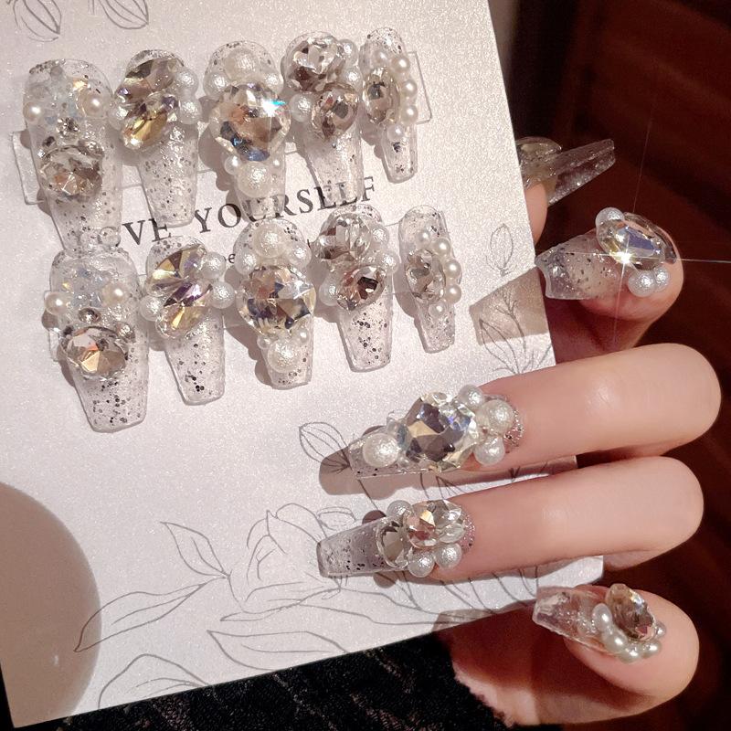 24 Pcs Long Press On Nails With Diamond Pearl Glitter Design Reusable Acrylic Artificial Nail Tips Set