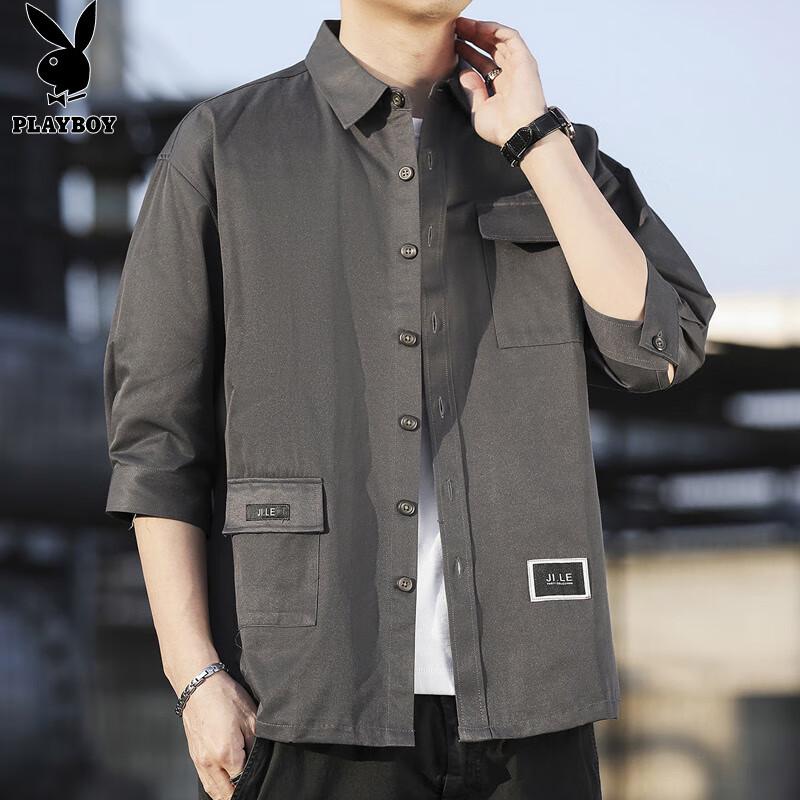 PLAYBOY Men s 3/4 Sleeve Multi-Pocket Casual Shirt 3XL