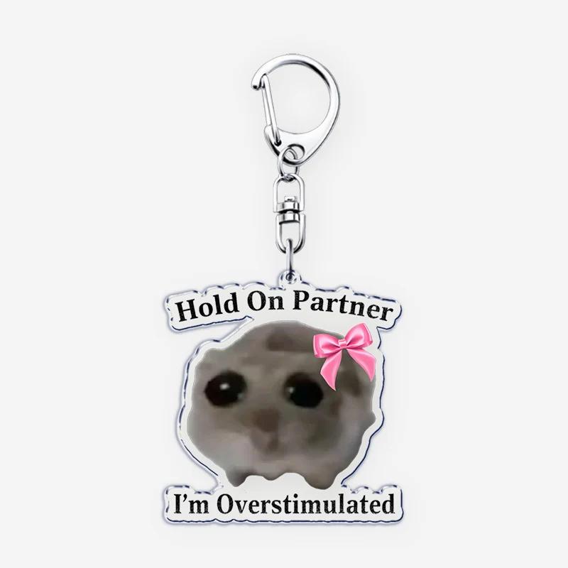 

Moo Deng Hold on Partner I Am Overstimulated Keychain Keyring for Accessories Bag Hippo Meme Pendant Keyring Jewelry Gifts