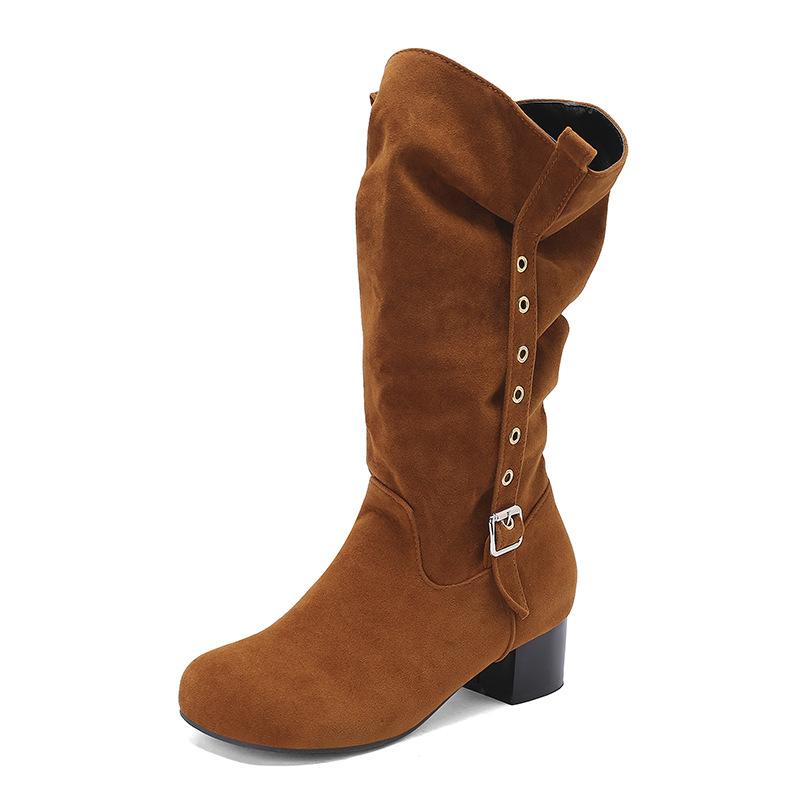 Suede Stacking Boots Belt Buckle Rivet Boots Medium Tube Skinny Boots Thick Middle Heel Boots 30-50 Boots
