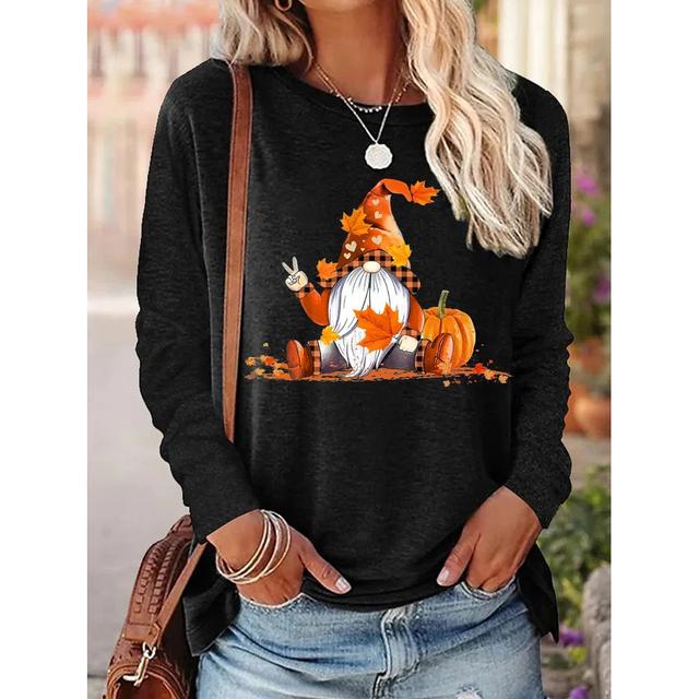 Tricouri cu mânecă lungă cu imprimeu amuzant pentru femei Pulover de zi cu zi Toamna Gnomi Toamna Dovleac Ziua Recunoștinței Topuri casual Harajuku