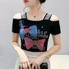 Summer Women Bow Letter Shiny Hot Diamonds T-Shirt Sexy Off Shoulder Slim Top New Chic Short Sleeve Tees Shirts