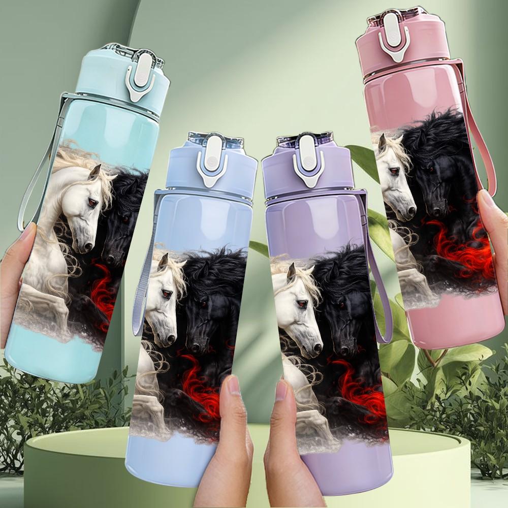 1PC Black White Fluffy Horse Portrait Print 750ml Color Plastic Sports Water Bottle Leakproof Flip Straw Lid Suitable for Sports Office Home Use
