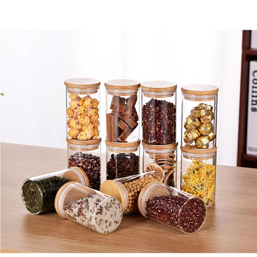 Glass Jar with Bamboo Lid 280ml Glass Food Storage Container, Suitable for Kitchen Spice Jars, Coffee Jars, Dried Fruit Jar
