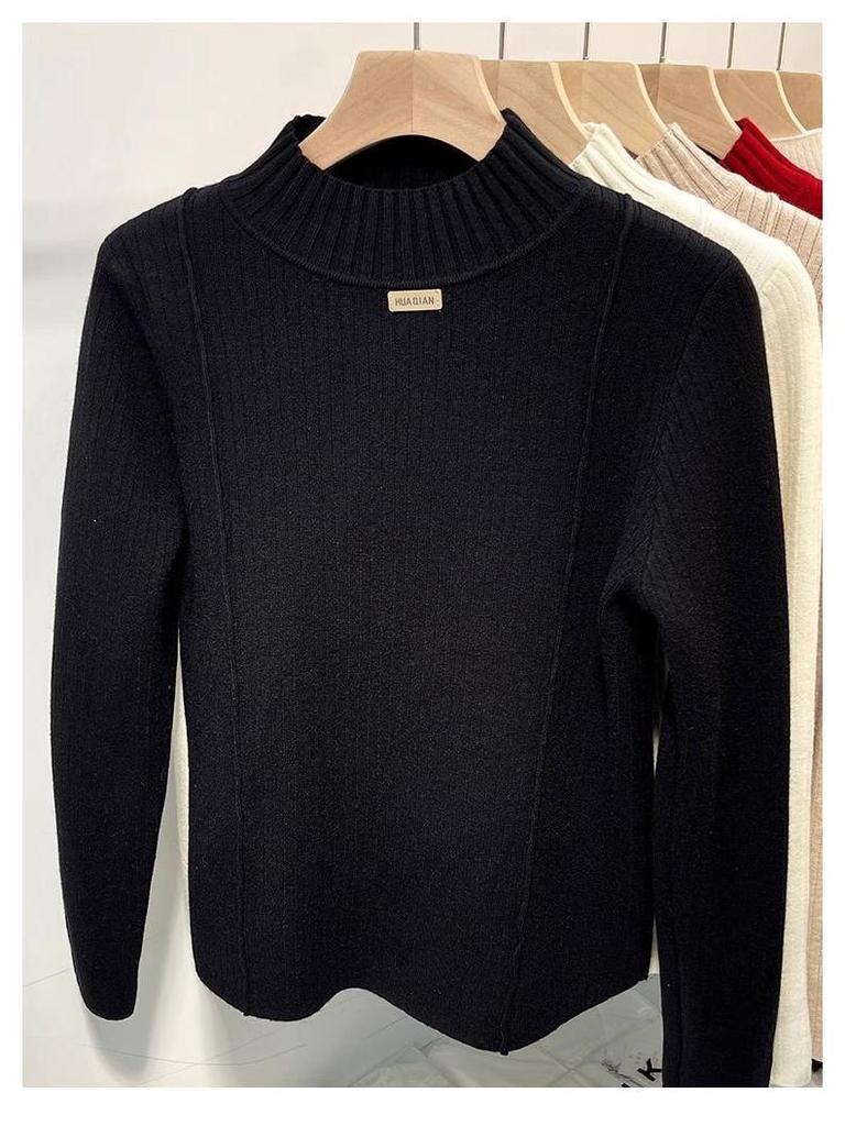 Women's Mink Fleece Sweater: Velvet-Thickened, Half-High Neck, Knitted Base Layer, Slim Fit, Warm Top for Autumn and Winter