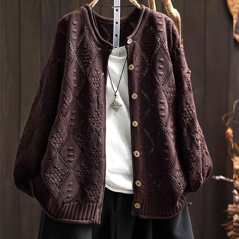 2025 Fall Diamond Hollow Round Neck Knitted Cardigan - Loose, Casual Long Sleeve Sweater