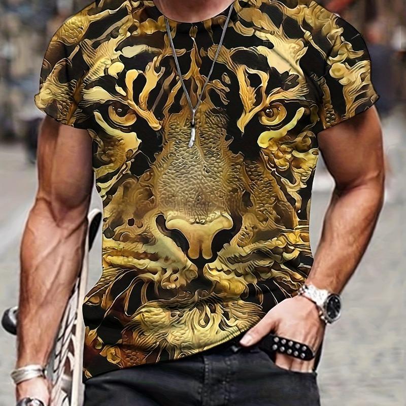 Summer men's 3D lion and tiger pattern T-shirt, casual micro elastic breathable T-shirt, suitable for outdoor jogging wear
