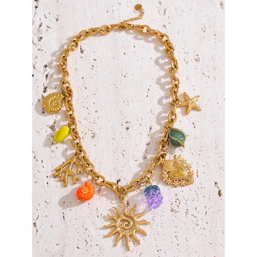 Yhpup Exquisite Ceramic Ocean Style Sun Pendant Necklace Fashion Trendy Stainless Steel Collar Arrivals Jewelry Recommend