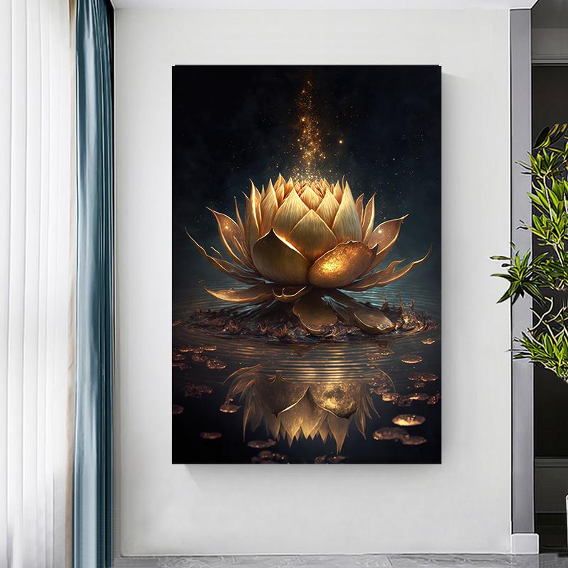 

Золотой цветок лотоса, холст, живопись, буддийские принты, дзен, золотые цветочные постеры и принты для гостиной, крыльца, дома и офиса 21x30cm No Framed