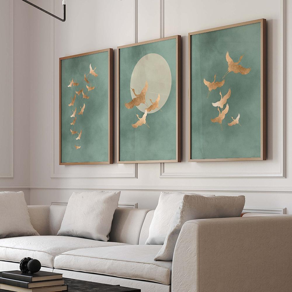 Sage Green Cranes Wall Art Prints Set of 3 Prints Japanese Wall Art Japandi Art Birds Minimalist Living Room Decor Gift Poster
