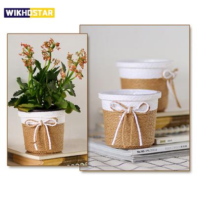 Aus Papierseil geflochtener Topf für frische Blumen, gewebter kleiner Topf mit Gras, dekorativer Korb, Blumentöpfe für den Innenbereich, Pflanzenbehälter
