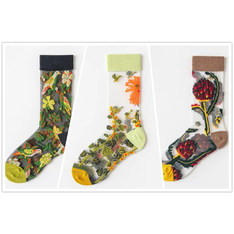 3 Pares Nuevos Set de Calcetines Transparentes Lindos de Gato para Mujer Coreanos Florales Animales Verano Delgados Kawaii Set de Calcetines de Seda para Mujer