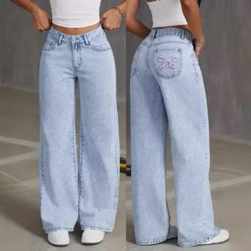 Spring and Autumn Sweet and Spicy High Waist Straight Loose Trousers Bow Embroidered Jeans Women