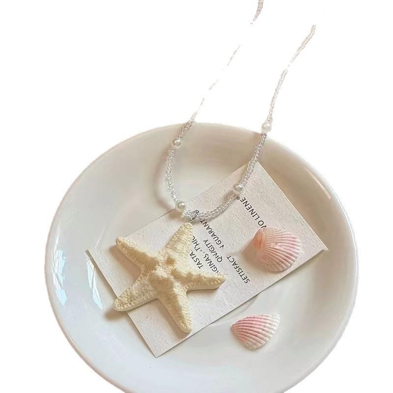 Sea Star Long Beaded Necklace With Alloy Pendant For Summer Beachwear Jewelry