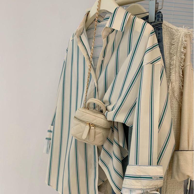 

Весна Новая рубашка с длинным рукавом и воротником ПОЛО Женская Вертикальная полоска Однобортный кардиган Женская мода Свободные Универсальные топы XXL бежевый