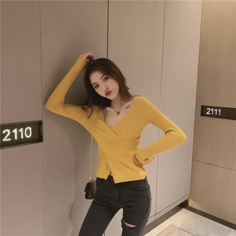 Core-Spun Yarn V-Neck Slim Fit Long-Sleeve Sweater - 2025 Korean Style Pullover