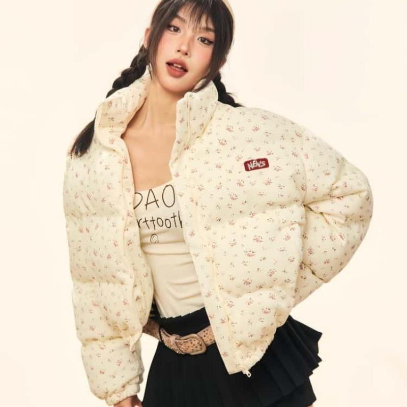 New Retro Small Floral Full Print Stand-up Collar Short Cotton Clothes Women's Winter Thickened Bread Clothes Jacket