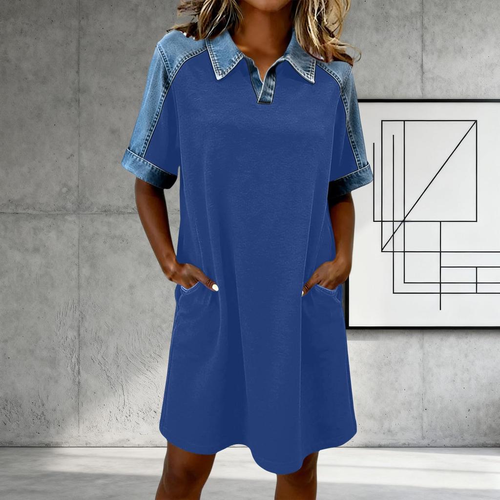 Damska sukienka casual z krótkim rękawem, kołnierzykiem polo, bawełniana, luźny krój, z kieszeniami po bokach, wygodny design