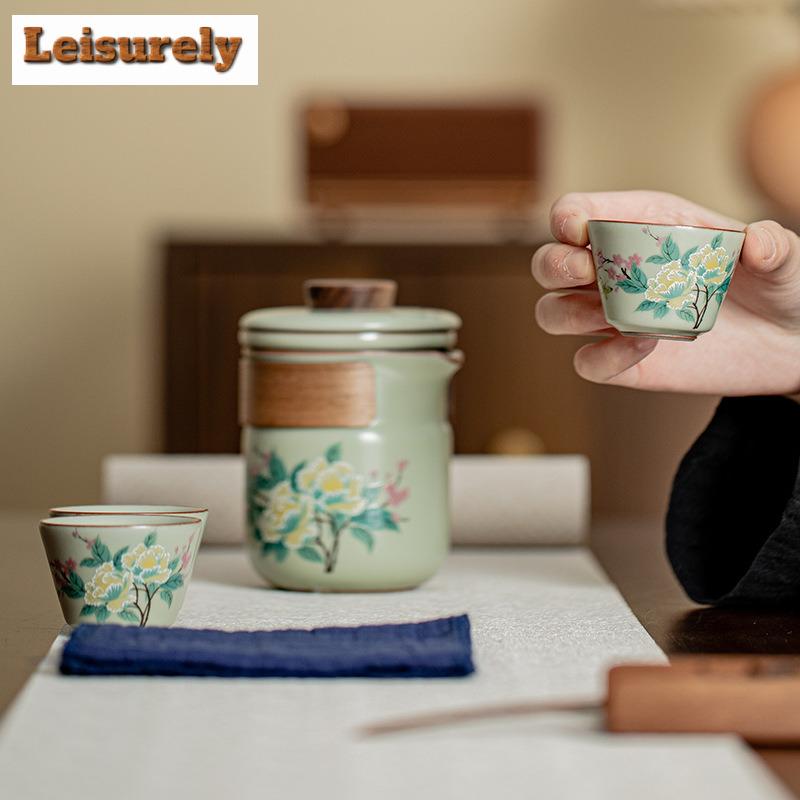 Pea Greem Ru Kiln Hibiscus Mutabilis Tea Set Kit Boutique 1 Pot 3 Cups Tea Maker Portable Travel Tea Set Camping Organizer Bags