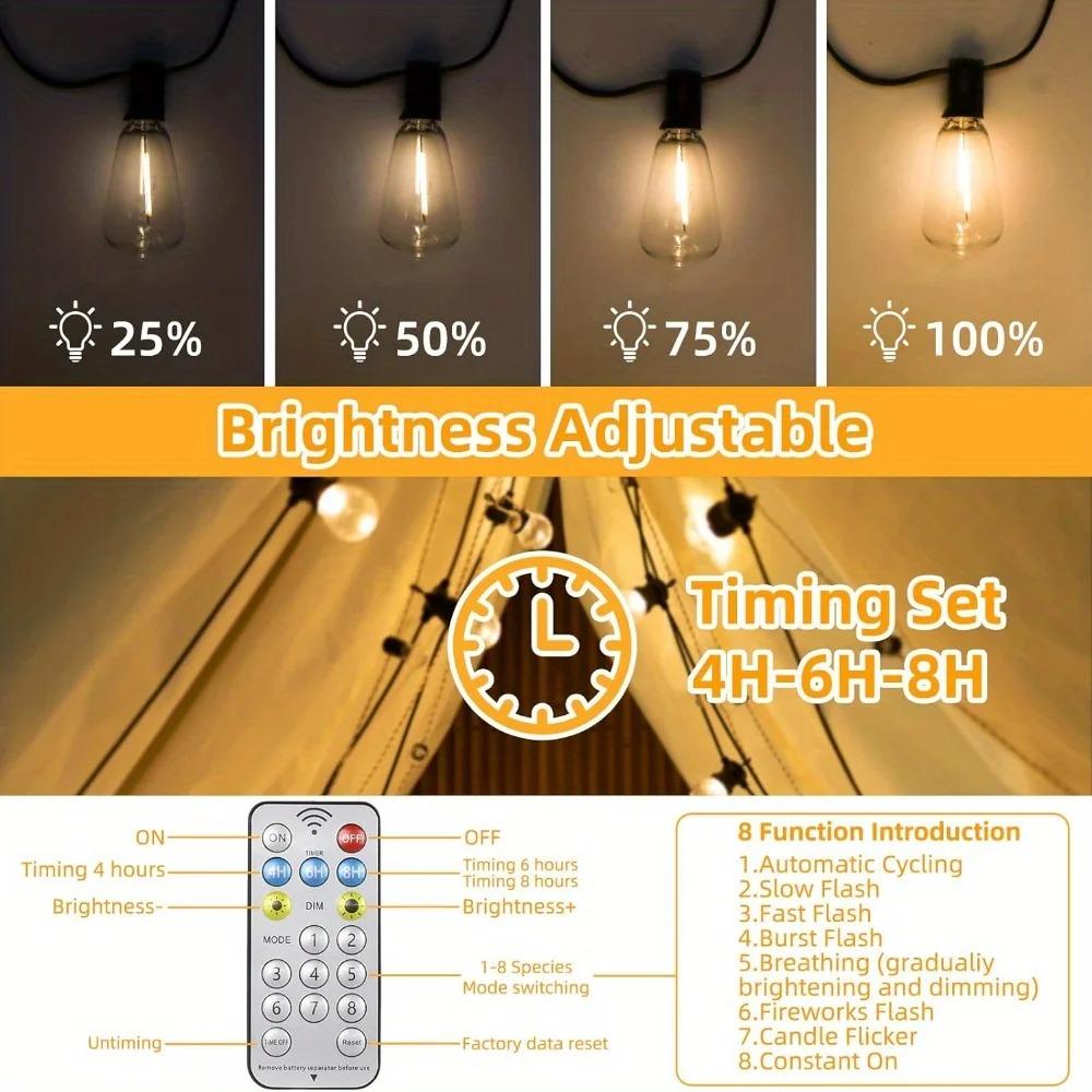 Outdoor Solar String Lights Waterproof 58FT with 15-30 Shatterproof ST38 LED Bulbs Outdoor with Remote Solar String Lights for Camping Yard Party