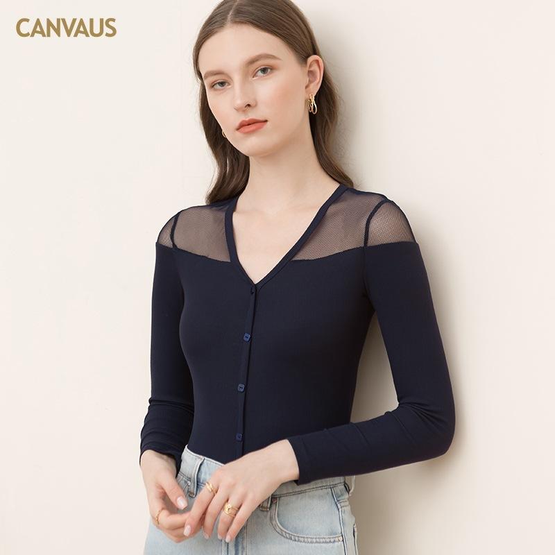 

Прозрачная блузка в сетку с v-образным вырезом, модная женская универсальная рубашка с длинными рукавами и тонким низом XL синий