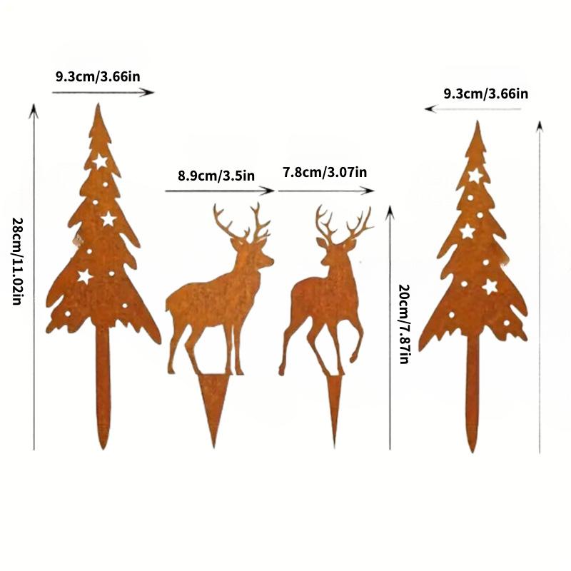 4pcs Vintage Rustic Metal Spruce Tree and Deer Garden Stakes,Outdoor Lawn and Patio Decoration Plant Plug,Suitable for Christmas