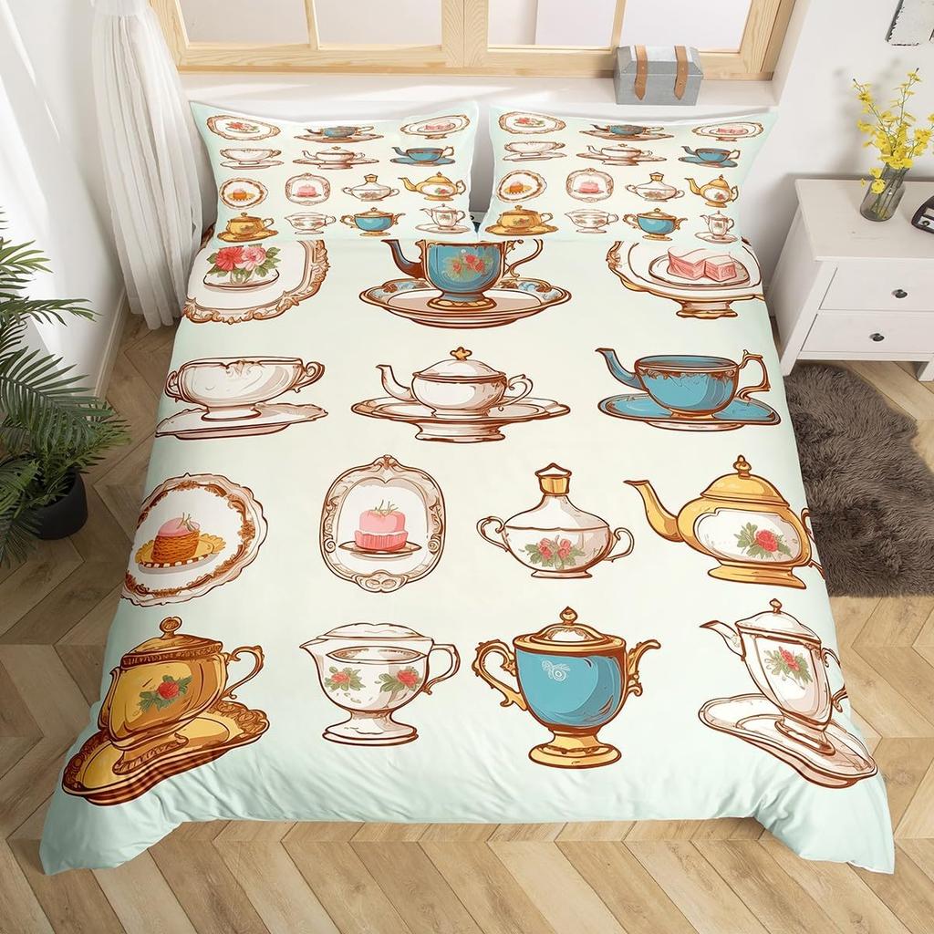Lovely Bohemian Style Cup Shaped Tea Party Soft Duvet Cover Quen Sized Dimensions Children Kids Rom Decor Watercolor Cofe Beding Cup 3 Piece Set