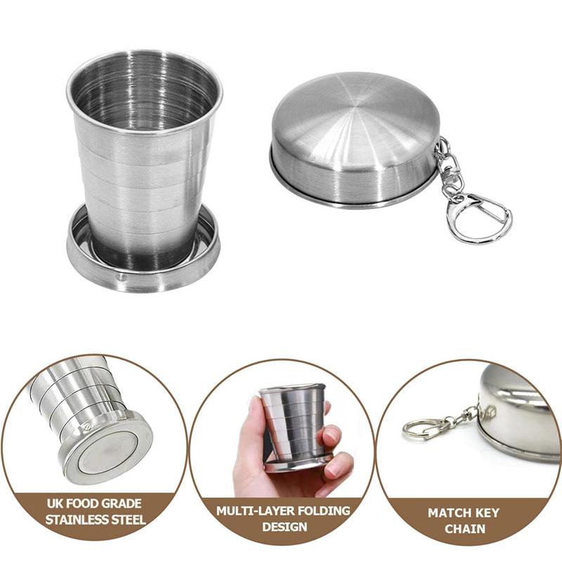 250ml Collapsible Travel Cup With Keychain 2pcs Stainless Steel Folding Camping Cup Portable Drinking Mug Travel Reusable Cups