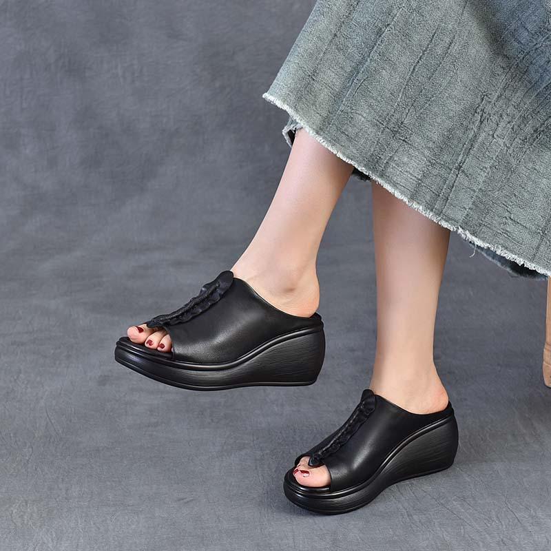 Fashion Retro Style Fish Mouth Premium Genuine Leather Slippers 2025 New Summer Outdoor Slippers Wedges Elegant Women Sandals