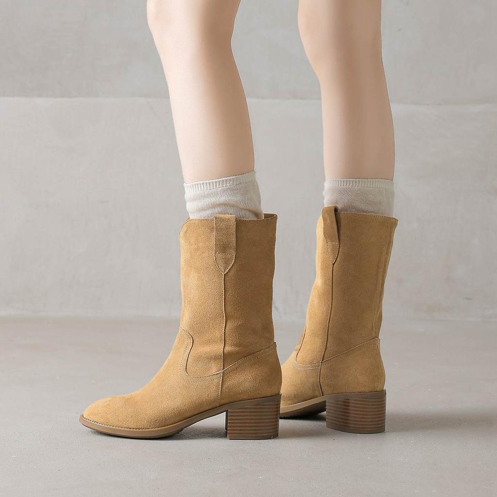Krazing Pot Cow Suede Nubuck Winter Round Toe Modern Boots Med Heels Slip on Knitwear Women Mid-calf Boots