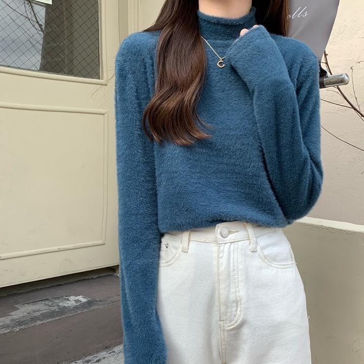 

Розовый искусственный мех подкладки Мягкий и липкий вязаный свитер для женщин Средняя высота горловины Свитер ленивого стиля для осени-зимы L темно-синий